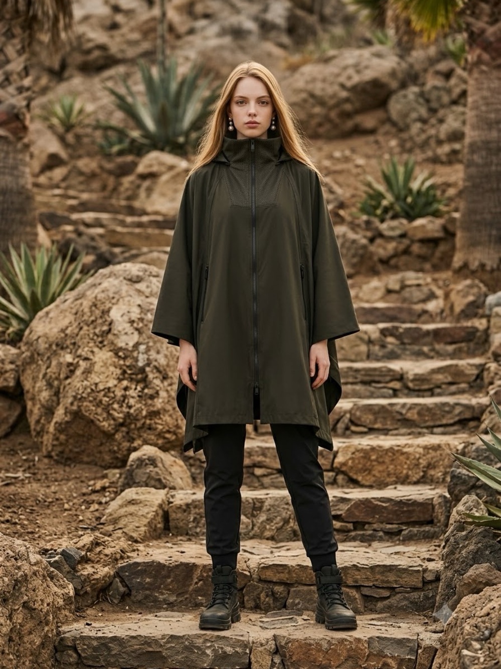 Zara Olive Green Hooded Cape Jacket